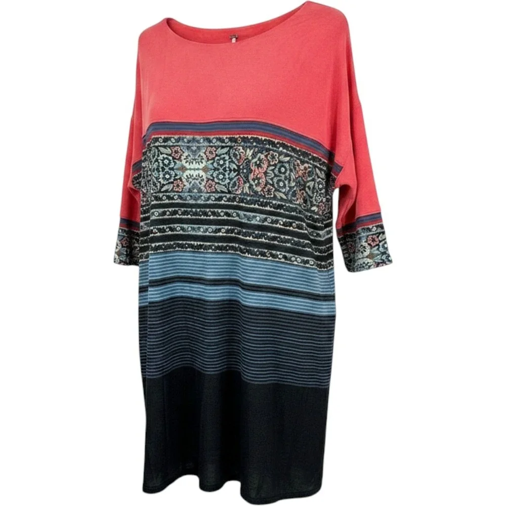 Free People Women M Oversized Coral Pink Boho Floral Striped Tunic Top OB611688